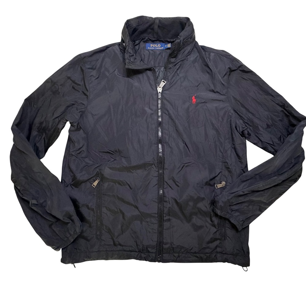 Polo Ralph Lauren Mens Black Windbreaker Jacket Red Pony Zip Up Hooded Medium